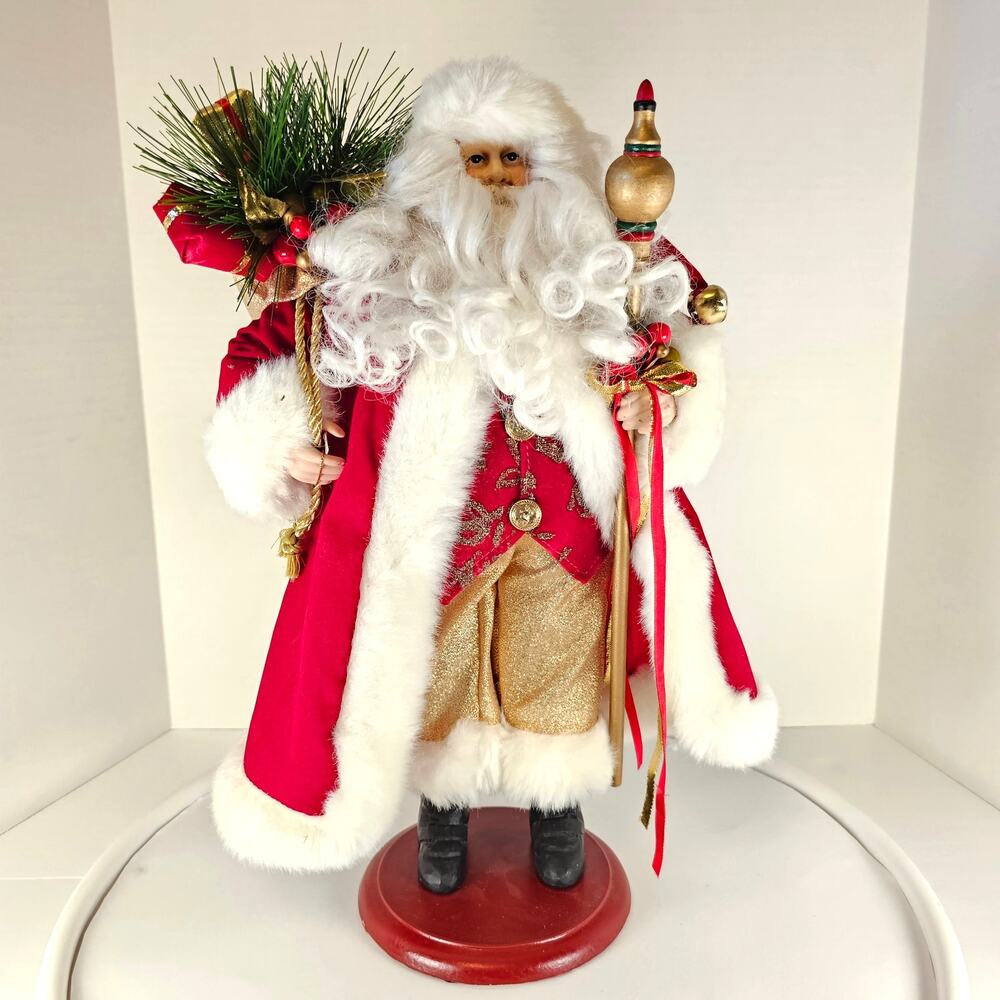 17" Santa Claus Figure Red Velvet Coat Gold Staff Christmas Decor on Base READ